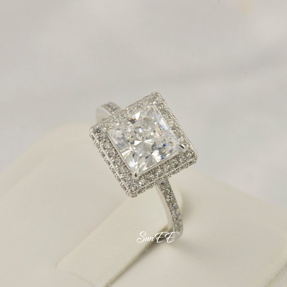 NEW 925 STERLING SILVER HALO PRINCESS DIAMOND CUT WEDDING RINGS ENGAGEMENT RING - Picture 6 of 7